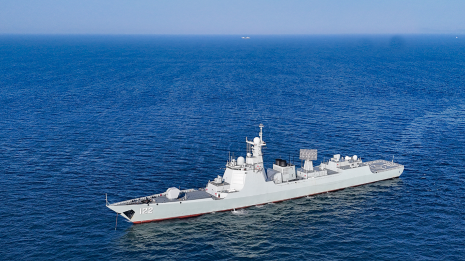 Guided-missile destroyer Tangshan in maritime training